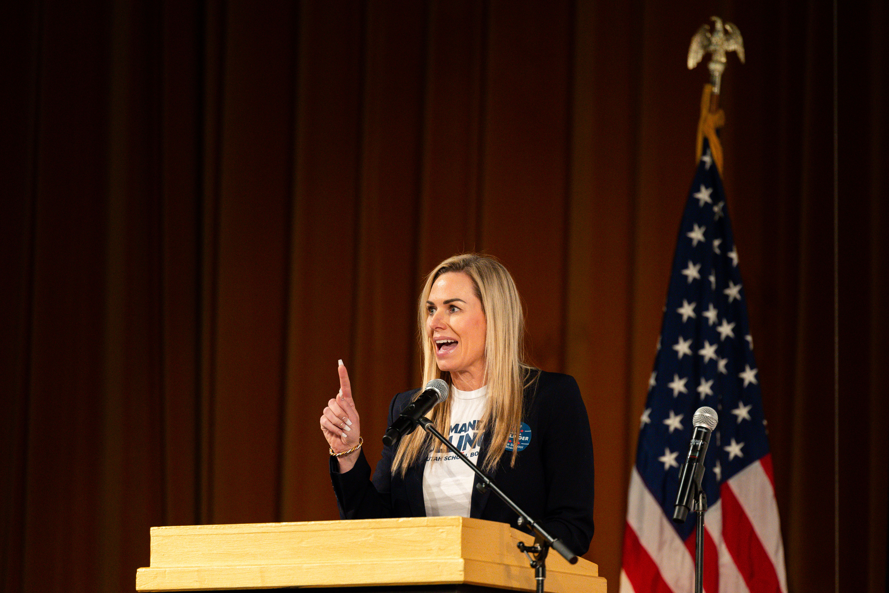 Amanda Bollinger speaks Saturday at the Salt Lake County GOP Convention at Cottonwood High in Murray. She defeated embattled State School Board member Natalie Cline and will be the Republican candidate in the District 9 race.