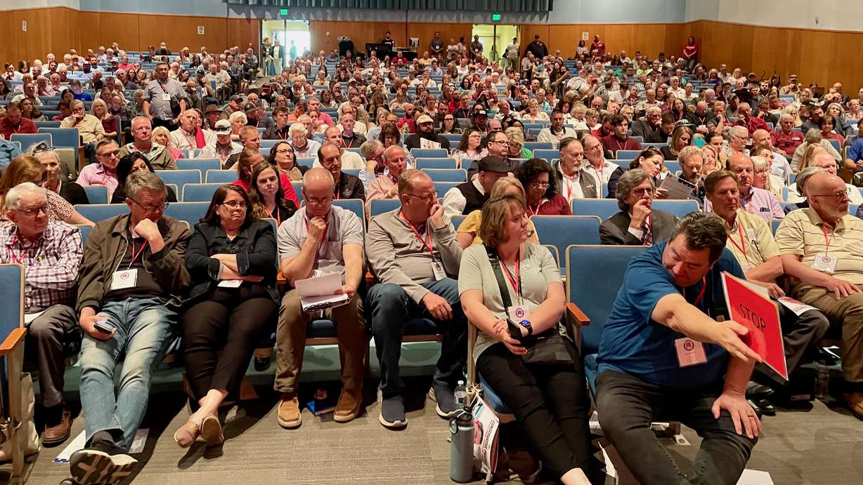 Delegates at the Weber County Republican Party convention on Saturday listen to debate about the Electronic Registration Information Center. The convention was held at Ben Lomond High School in Ogden.