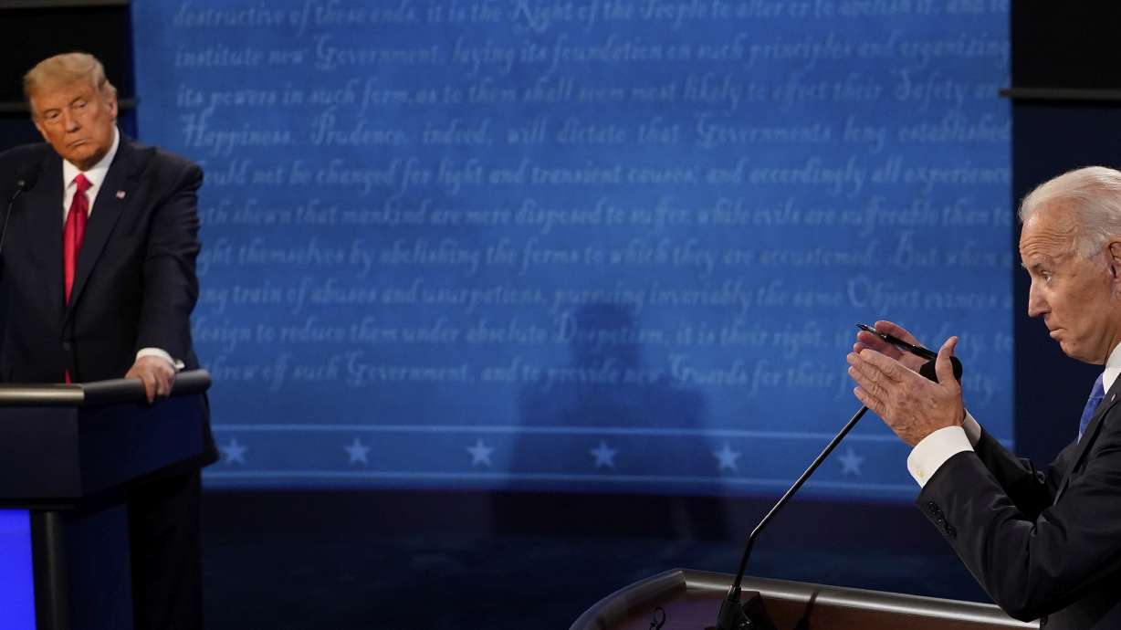 Joe Biden, right, and Donald Trump debate on Oct. 22, 2020, in Nashville, Tennessee. Biden and Trump have said they would debate each other in June and September, putting the future of the Oct. 9 debate in Salt Lake City in doubt.