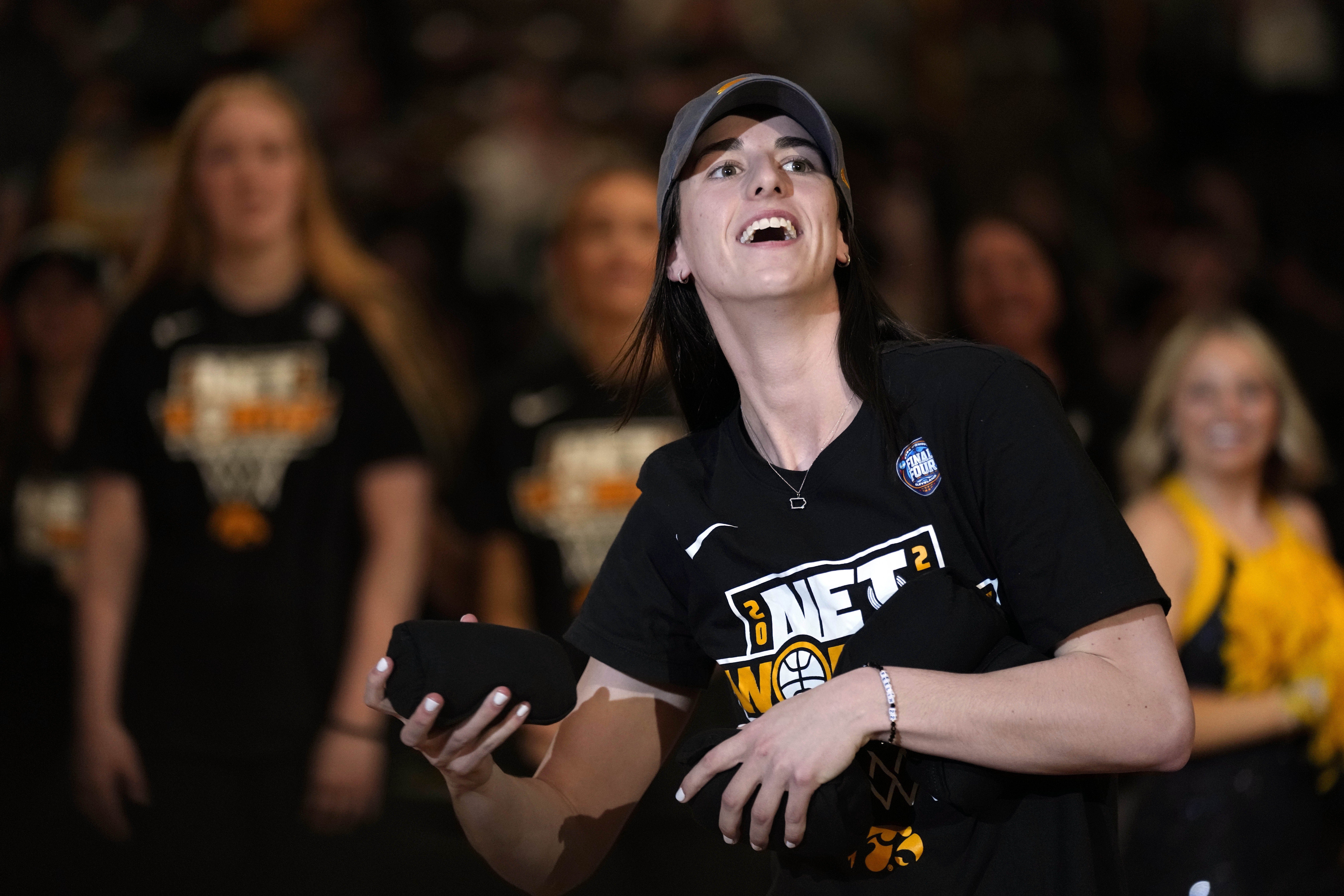 Iowa guard Caitlin Clark reacts to fans during an Iowa women's basketball team celebration, Wednesday, April 10, 2024, in Iowa City, Iowa. Iowa lost to South Carolina in the Final Four college basketball championship game of the women's NCAA Tournament on Sunday.