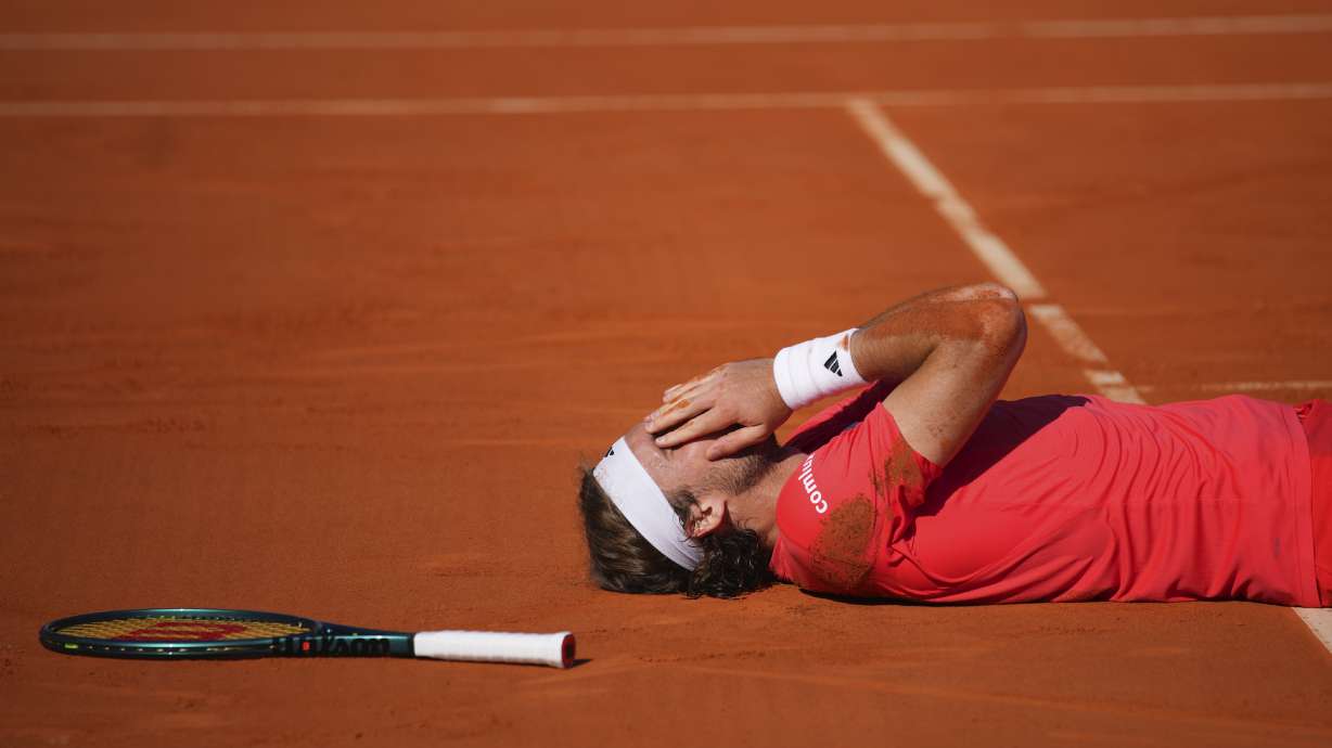 Stefanos Tsitsipas of Greece reacts after winning the 2nd set against Casper Ruud of Norway to win the Monte Carlo Tennis Masters final match 6-1, 6-4 in Monaco, Sunday, April 14, 2024.