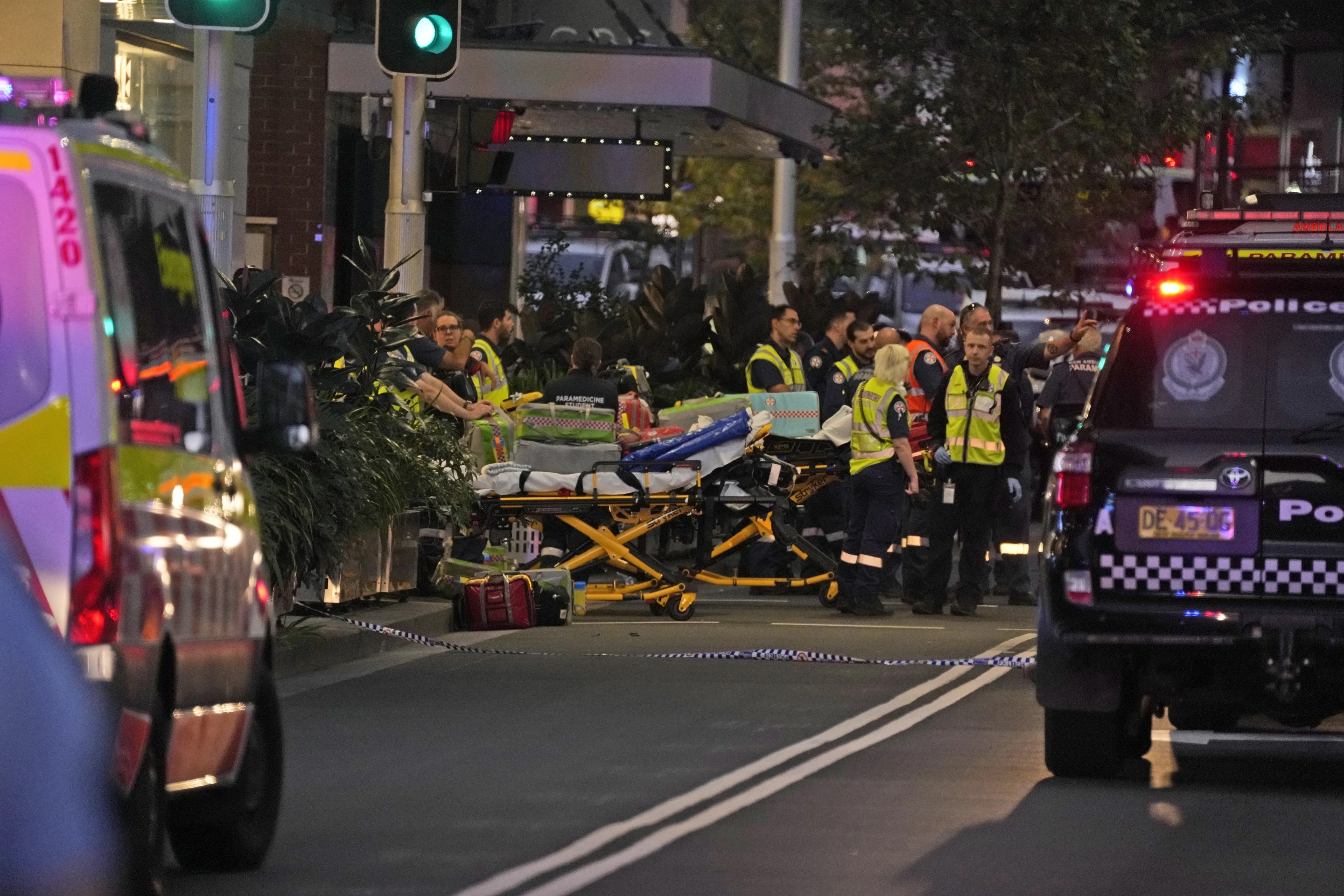 Emergency services are seen at Bondi Junction after multiple people were stabbed inside the Westfield Bondi Junction shopping center in Sydney, Australia, Saturday.
