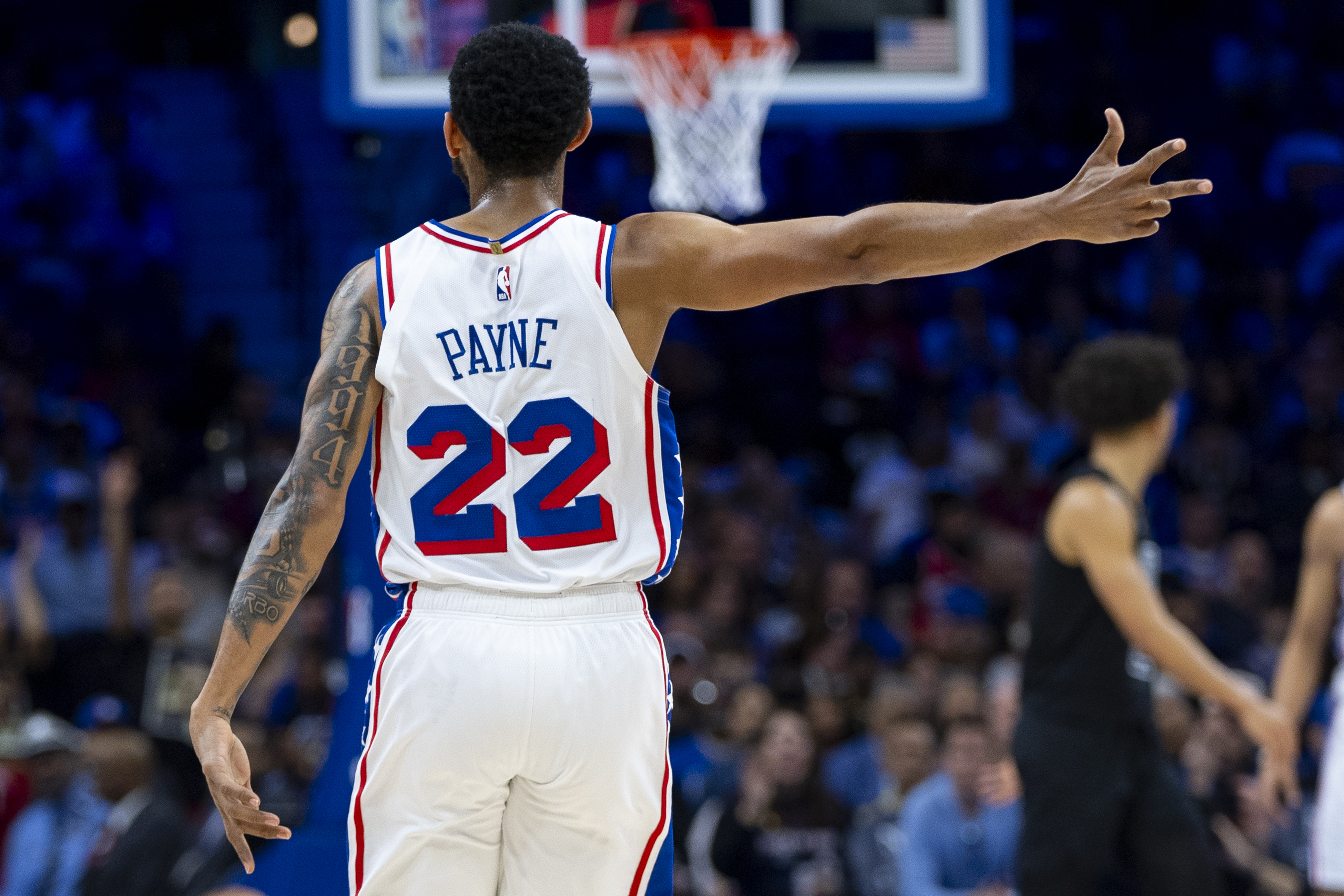 Philadelphia 76ers' Cameron Payne reacts after his 3-point basket during the first half of an NBA basketball game against the Brooklyn Nets, Sunday, April 14, 2024, in Philadelphia. 