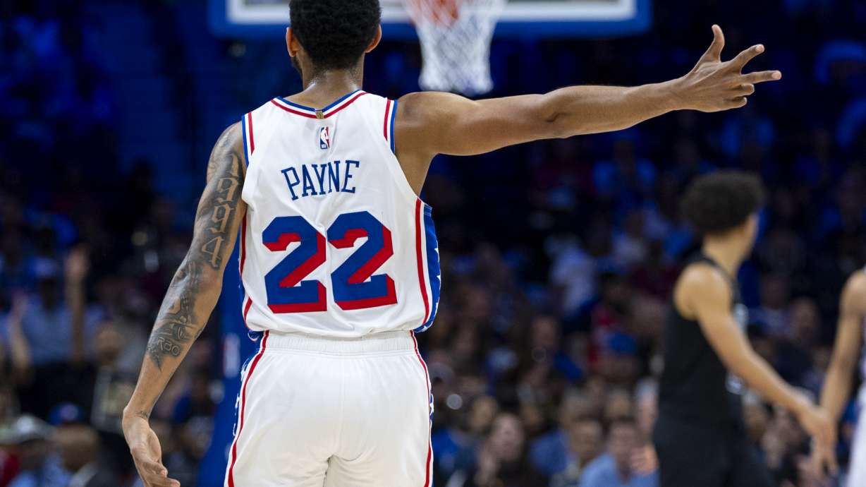 Philadelphia 76ers' Cameron Payne reacts after his 3-point basket during the first half of an NBA basketball game against the Brooklyn Nets, Sunday, April 14, 2024, in Philadelphia.