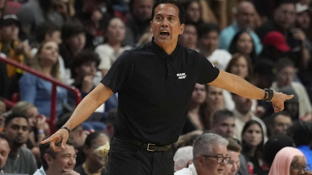 Miami Heat coach Erik Spoelstra gestures during the second half of an NBA basketball game against the Toronto Raptors, Friday, April 12, 2024, in Miami.
