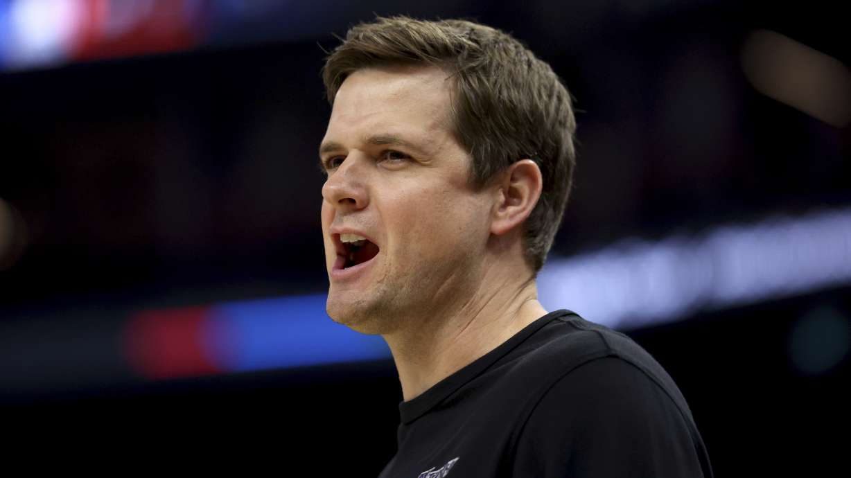 Utah Jazz head coach Will Hardy yells to his team during the first half of an NBA basketball game against the Golden State Warriors in San Francisco, Sunday, April 14, 2024.