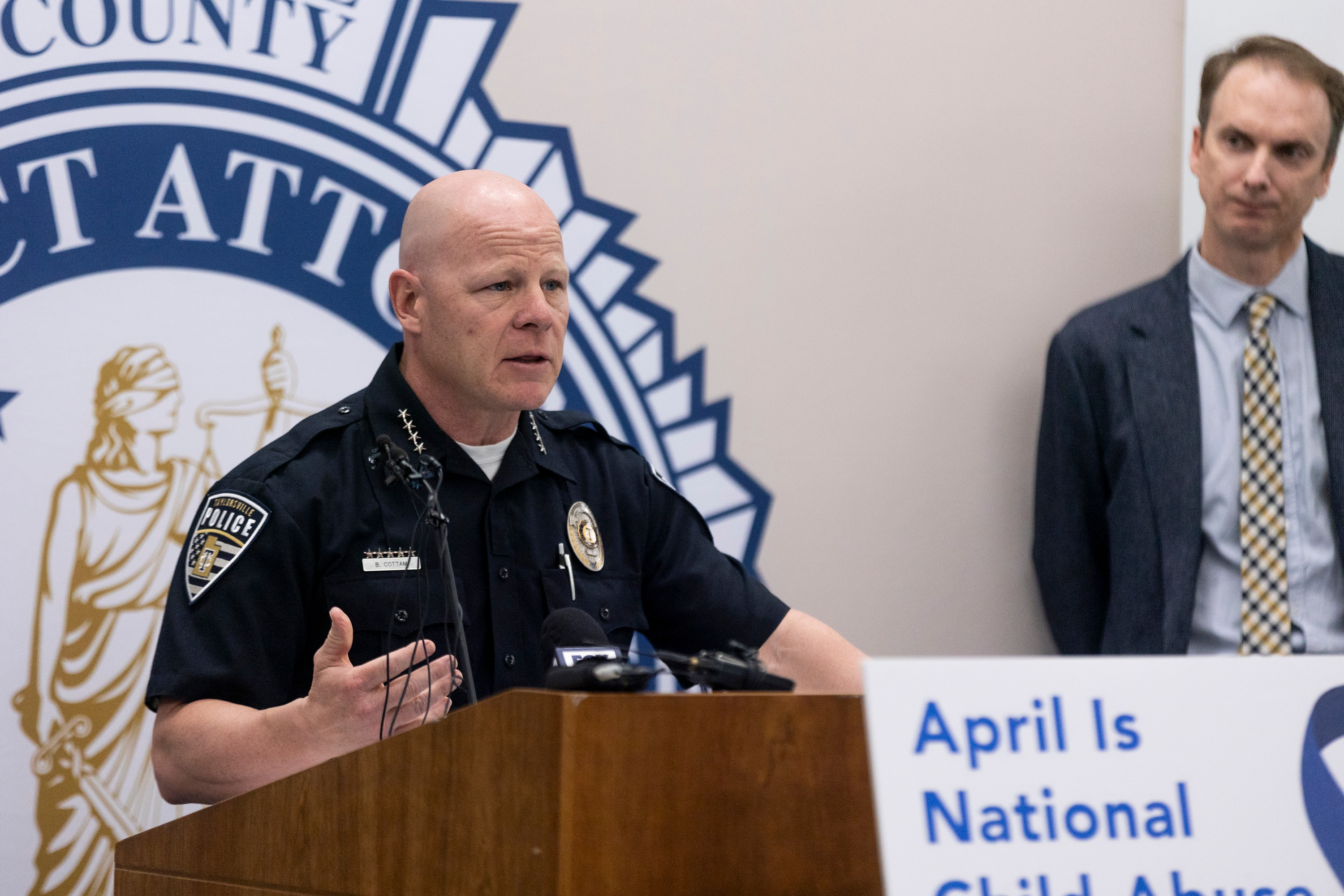 Taylorsville City Police Chief Brady Cottam speaks during the Child Abuse Prevention Month press conference at the Salt Lake County District Attorney’s Building in Salt Lake City on Monday.