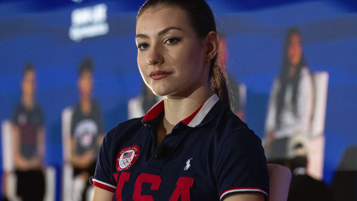 Gymnast Evita Griskenas is shown during a press conference at the Team USA Media Summit Monday, April 15, 2024, in New York.
