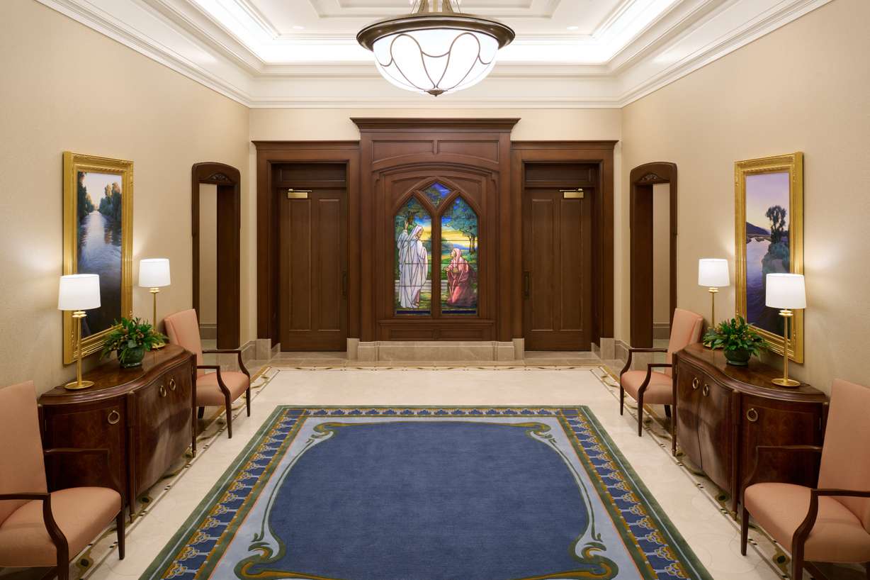 A stained glass window outside the dressing rooms and marriage waiting room in the Layton Utah Temple. The open house for the temple begins on Friday.