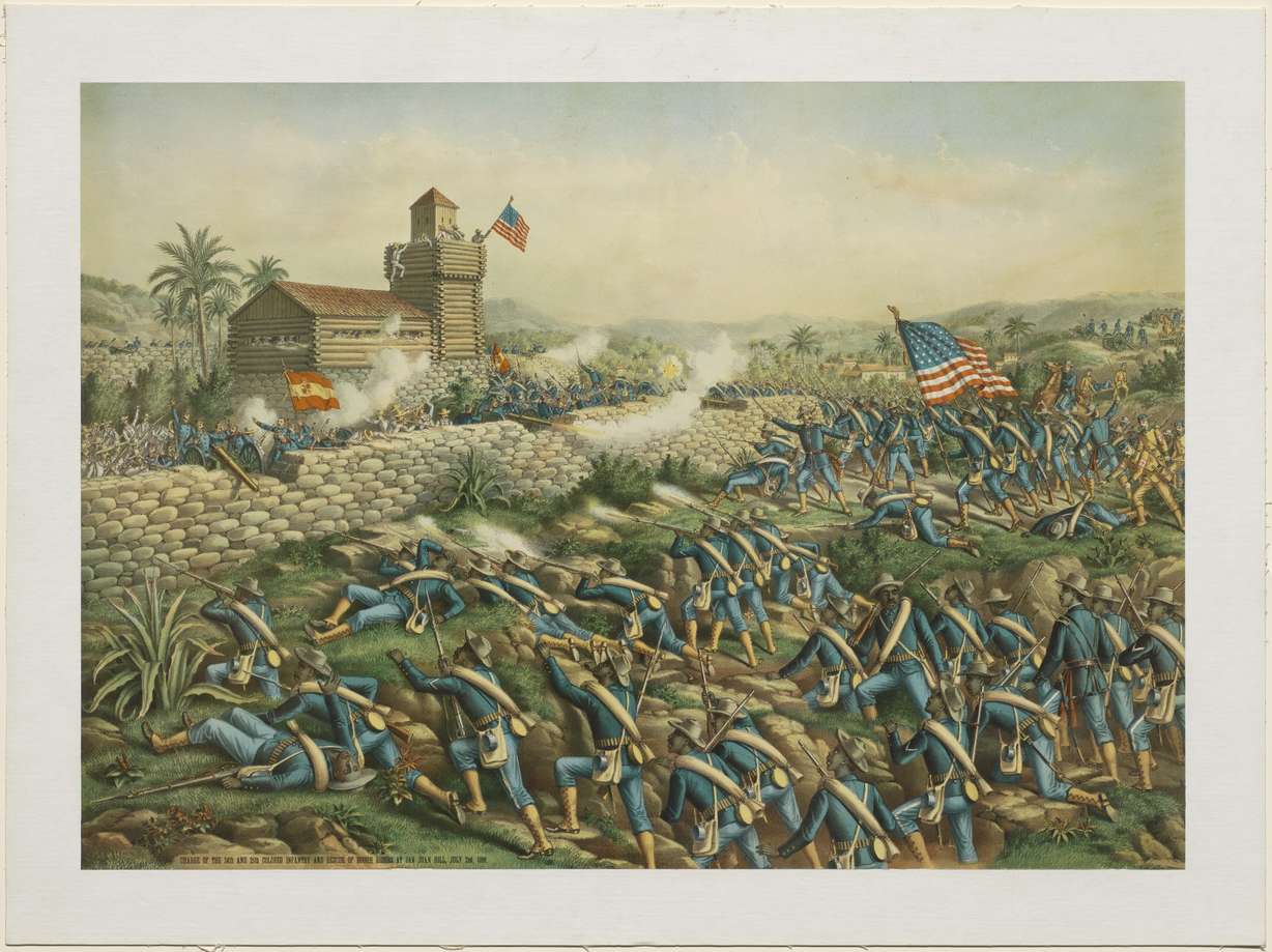 The print, now in the Library of Congress collection, depicts the battle of San Juan Hill during the Spanish-American War in Cuba in 1898. Supplied caption information says it shows the charge "of the 24th and 25th Colored Infantry and rescue of Rough Riders at San Juan Hill, July 2nd, 1898."