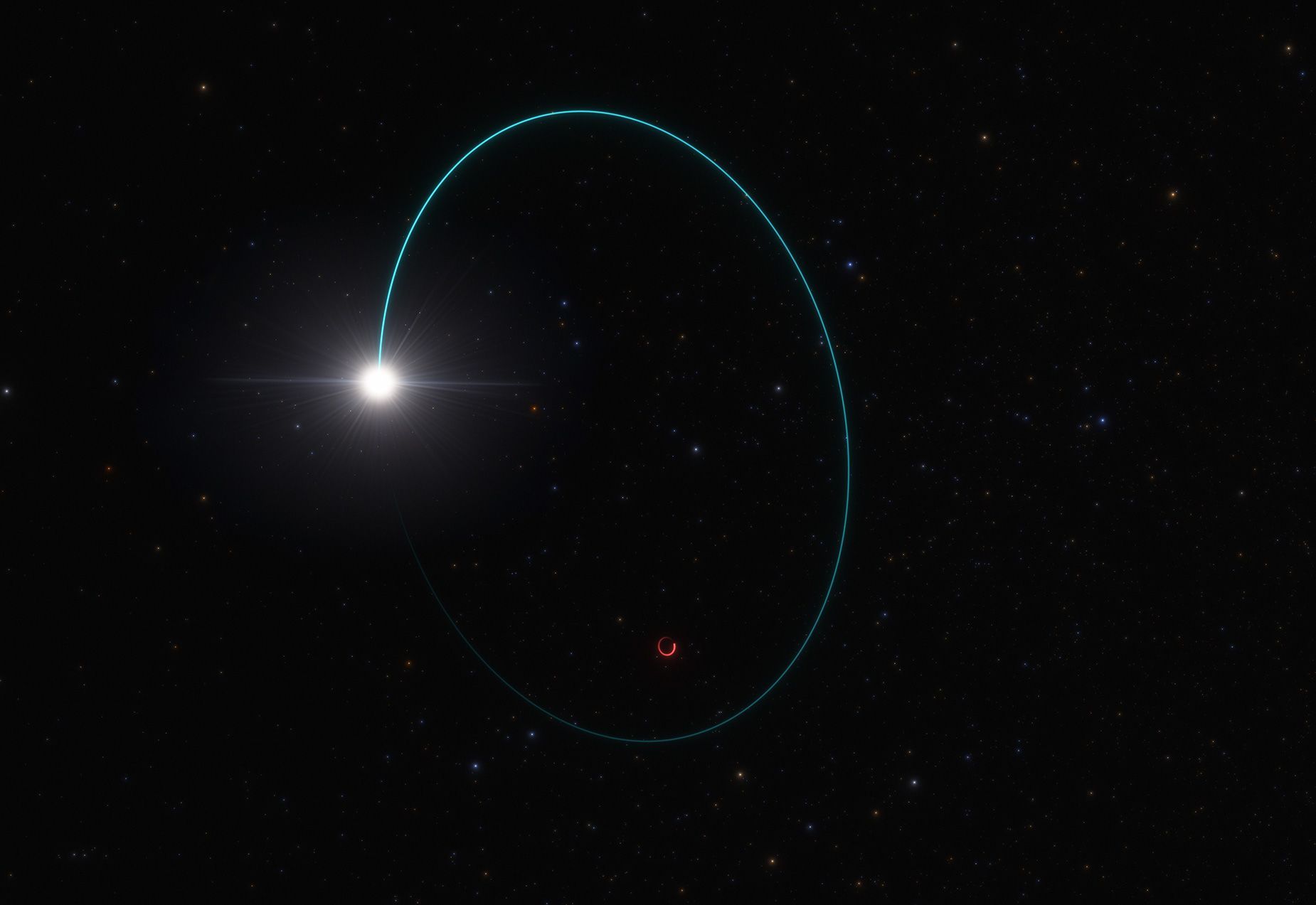 Scientists found the most massive stellar black hole in our galaxy due to the wobbly motions of its companion star. An artist's illustration shows the orbits of the star and black hole, dubbed Gaia BH3.