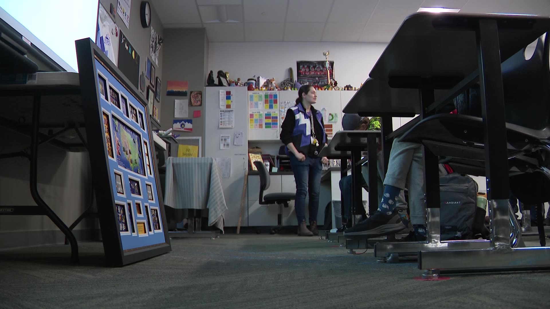 Amy Shaw’s classroom is decorated in 2002 Olympic gear.