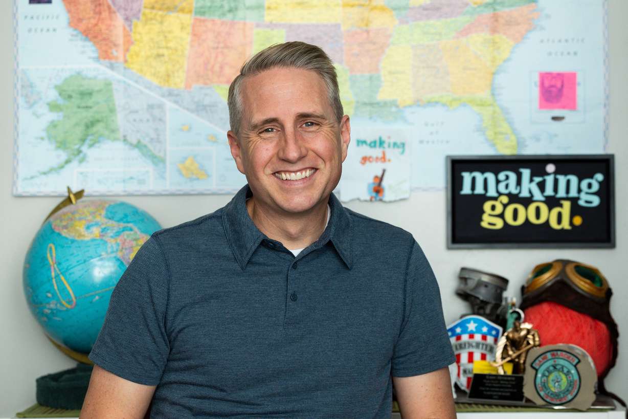 Kirby Heyborne smiles for a portrait in front of his film setup in his home in American Fork on Friday.