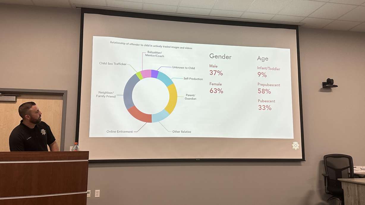Detective Dustin Stewart presents demographical statistics about online predators during an internet safety presentation at the Weber County Sheriff's Office on Tuesday.