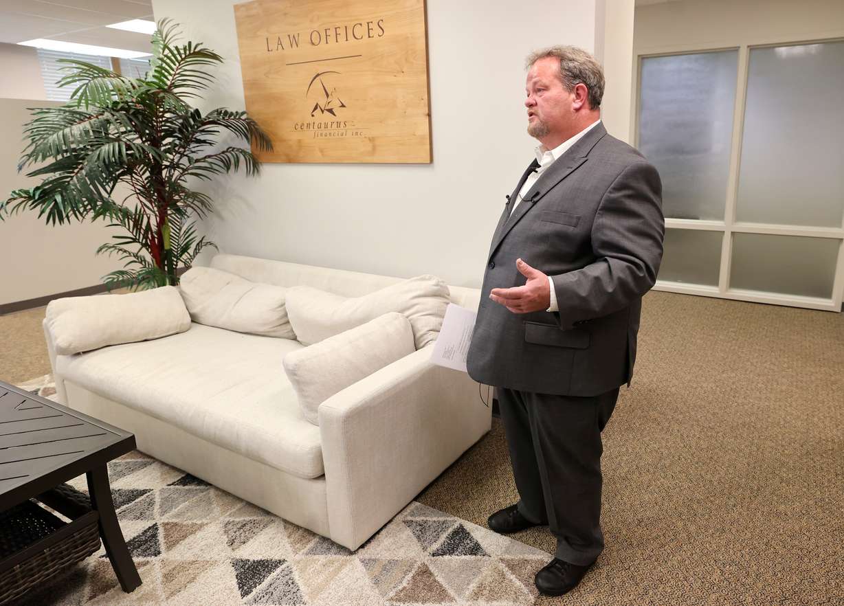 Attorney Tyler Ayres talks about filing a lawsuit on behalf of Ceccilee Cummings and Bryan Izeman for alleged ongoing harassment by their neighbor Kathryn Smith at Ayres Law Firm in Draper on Wednesday.