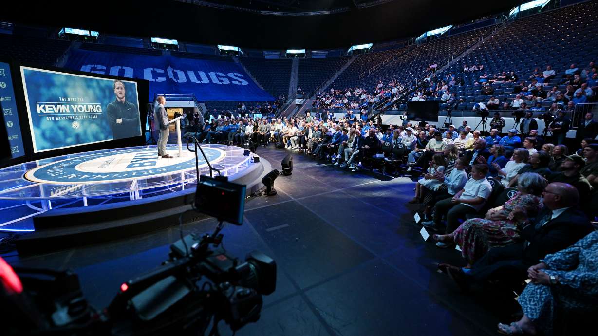 BYU’s new men’s head basketball coach Kevin Young makes a few remarks during an announcement event in the Marriott Center in Provo on Wednesday, April 17, 2024.