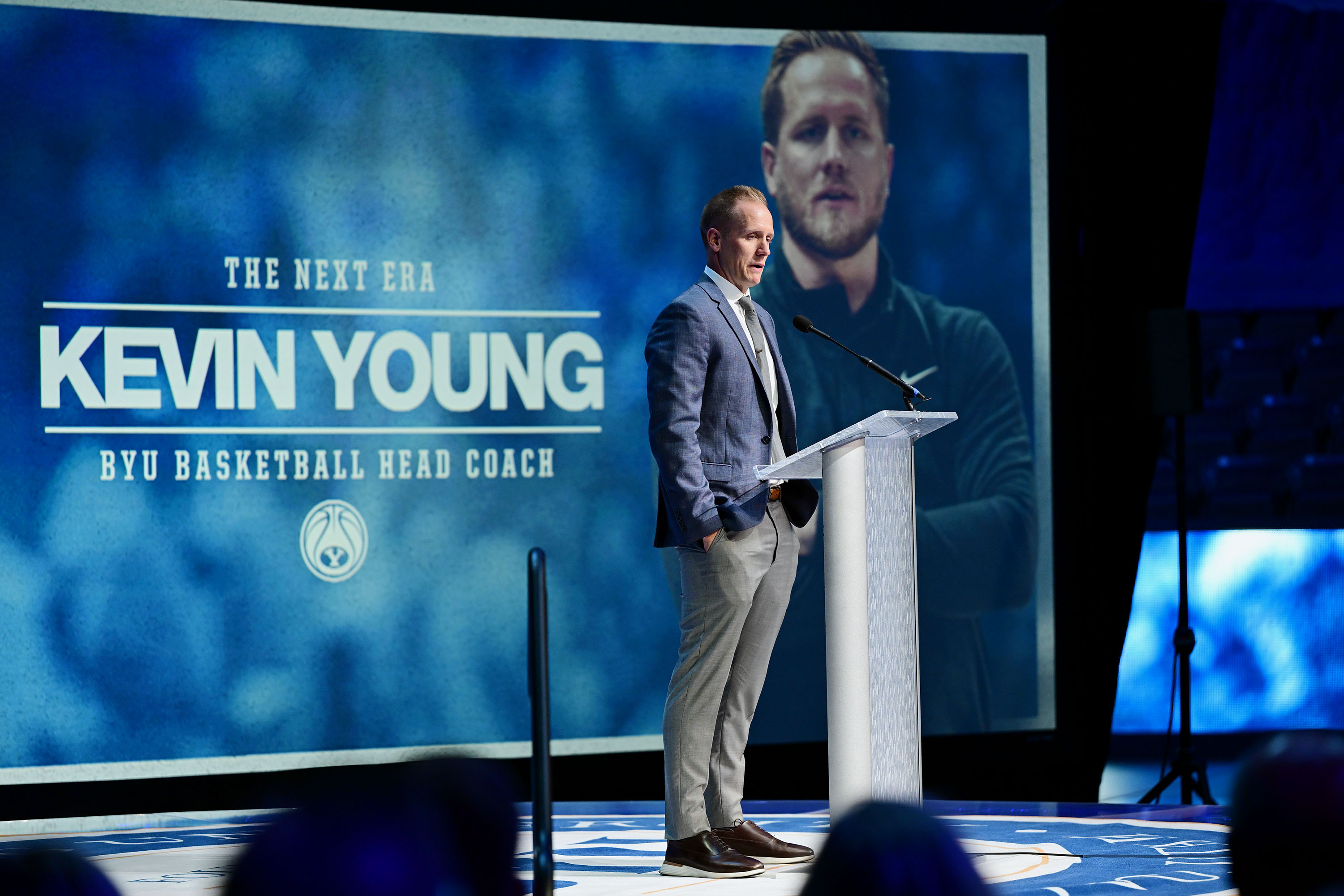 BYU’s new men’s head basketball coach Kevin Young makes a few remarks during an announcement event in the Marriott Center in Provo on Wednesday, April 17, 2024.