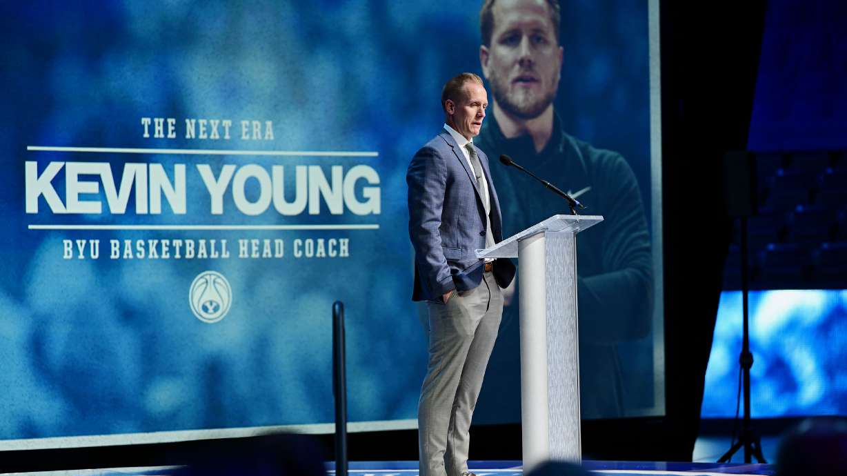 BYU’s new men’s head basketball coach Kevin Young makes a few remarks during an announcement event in the Marriott Center in Provo on Wednesday, April 17, 2024.