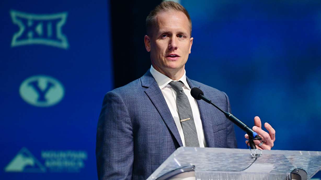 BYU’s new men’s head basketball coach Kevin Young makes a few remarks during an announcement event in the Marriott Center in Provo on Wednesday, April 17, 2024.