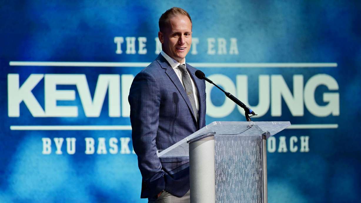 BYU’s new men’s head basketball coach Kevin Young makes a few remarks during an announcement event in the Marriott Center in Provo on Wednesday, April 17, 2024.