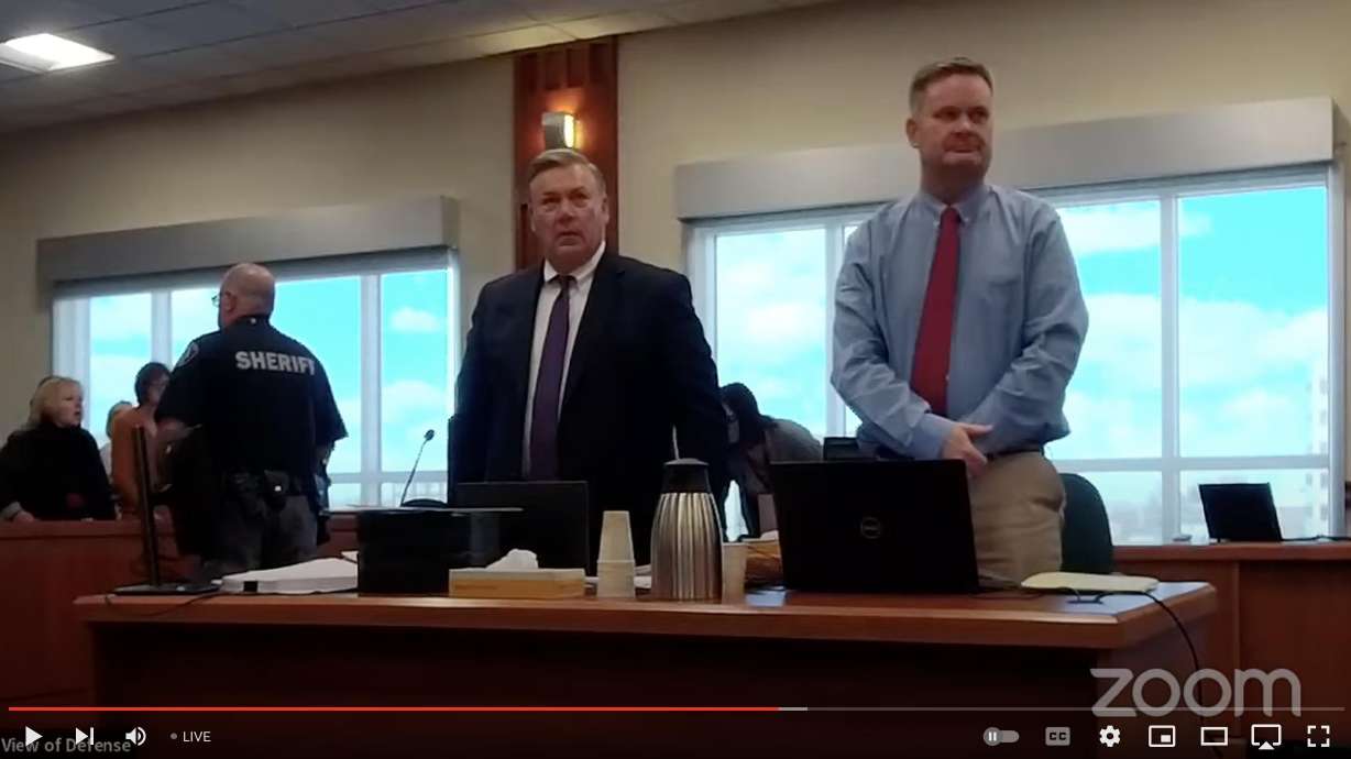Chad Daybell stands next to his attorney, John Prior, during his murder trial in Boise on Wednesday.