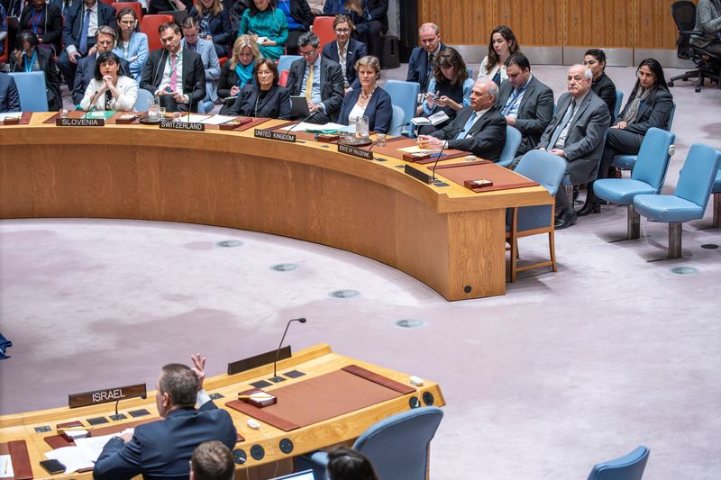 Israel's Ambassador to the United Nations Gilad Erdan speaks to members of the Security Council during a meeting to address the situation in the Middle East, including the Palestinian question, at U.N. headquarters in New York City, New York, on Thursday.