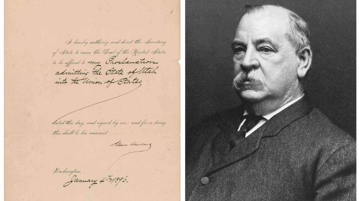A copy of a memo President Grover Cleveland sent his staff on Jan. 4, 1896, the same day he signed his proclamation making Utah the 45th state, next to a picture of Cleveland. The document was sold for over $27,000 on Wednesday.