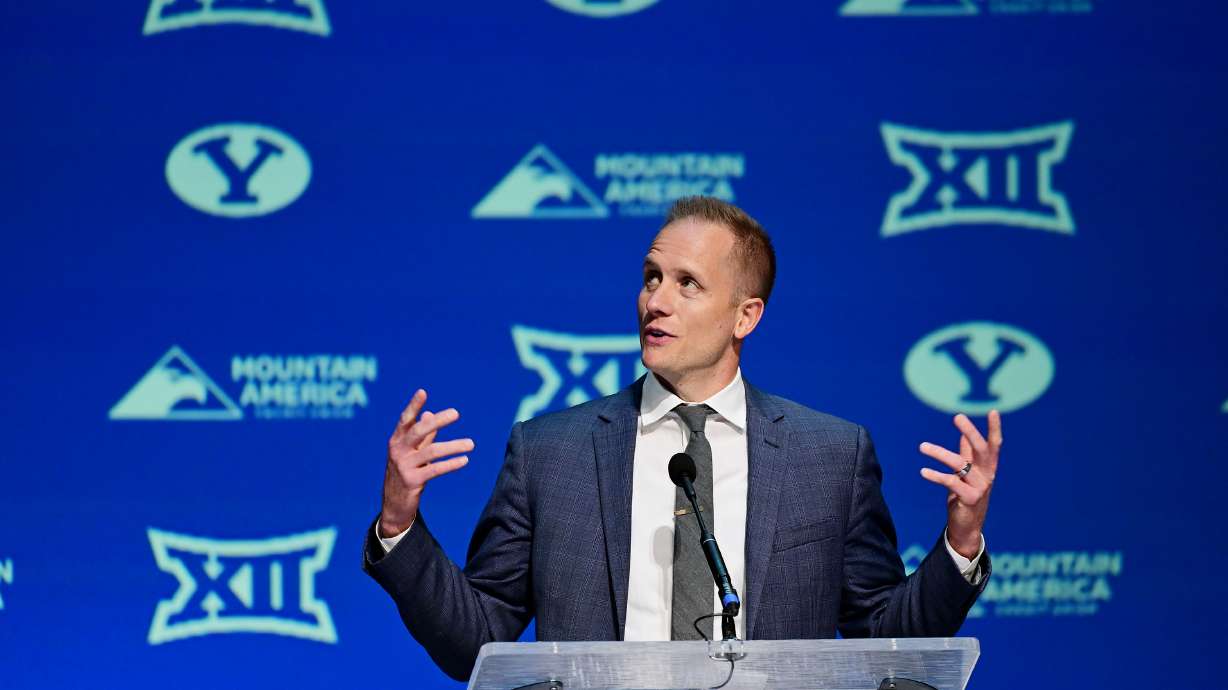 BYU’s new men’s head basketball coach Kevin Young makes a few remarks during an announcement event in the Marriott Center in Provo on Wednesday, April 17, 2024.