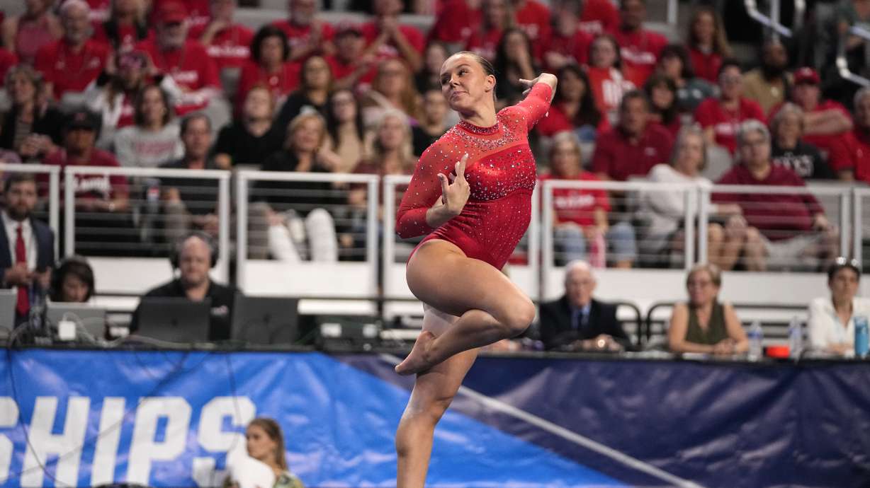 Utah's Maile O'keefe competes in the floor exercise during the NCAA women's gymnastics championships in Fort Worth, Texas, Thursday, April 18, 2024.