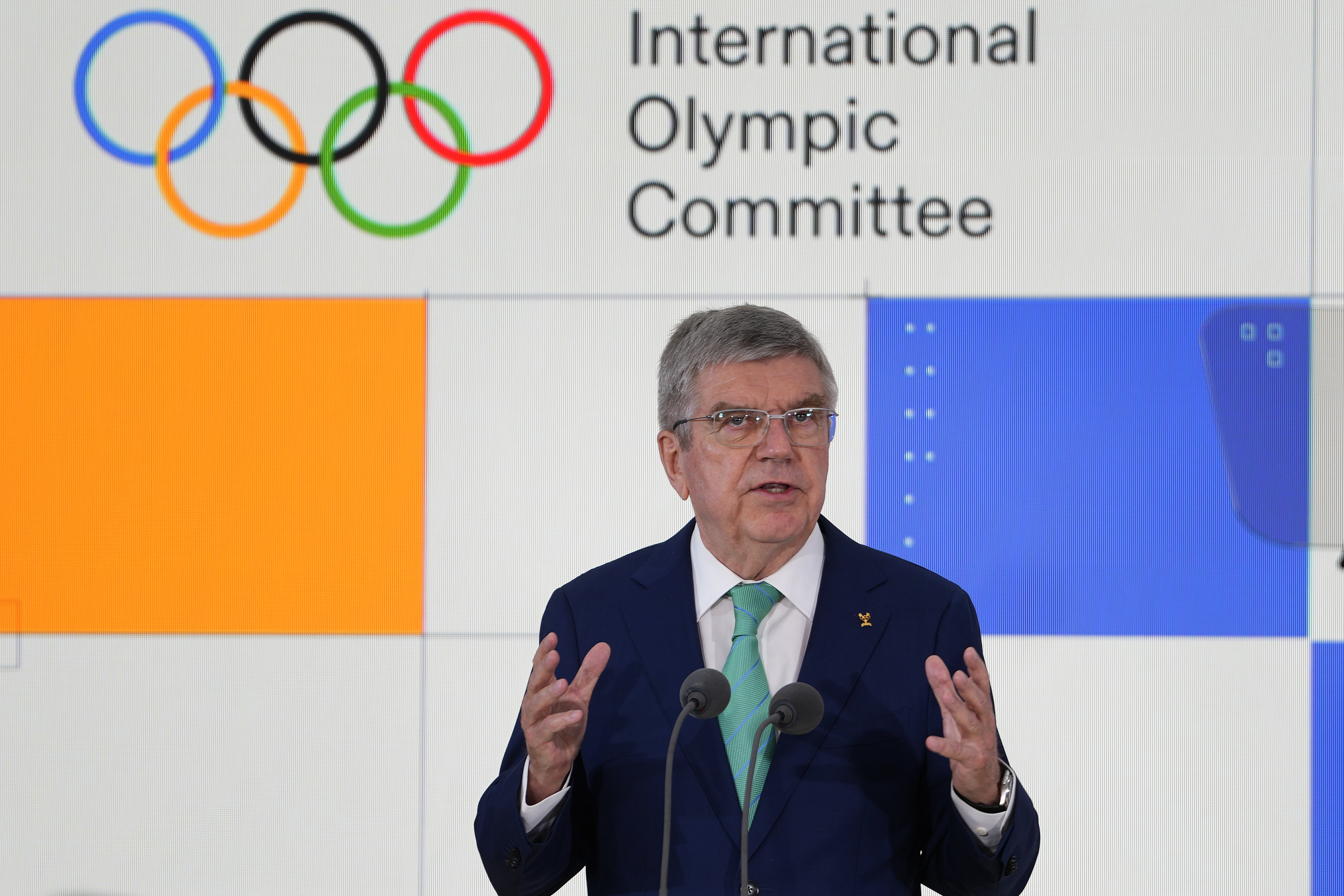 Thomas Bach, IOC President speaks at the International Olympic Committee launch of the Olympic AI Agenda at Lee Valley VeloPark, in London, Friday, April 19, 2024. They will be presenting the envisioned impact that artificial intelligence can deliver for sport, and how the IOC intends to lead on the global implementation of AI within sport.