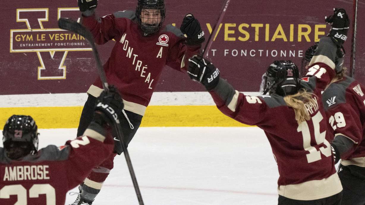 Montreal's Kristin O'Neill (43) celebrates her goal against Minnesota during the third period of a PWHL hockey game Thursday, April 18, 2024, in Montreal.