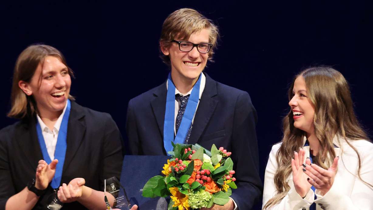 Dallin Soukup, Skyline, wins the General Sterling Scholar Award at the Sterling Scholar Ceremony at the Conference Center Little Theater in Salt Lake City on Thursday, April 18, 2024.