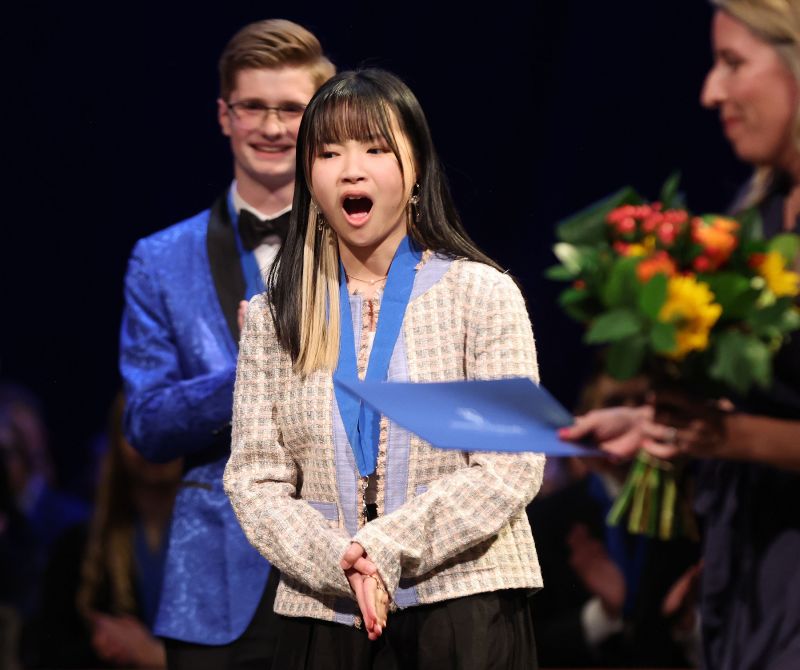 Cheryl Qian, Lone Peak, is surprised to win the Instrumental Music Sterling Scholar award at the Conference Center Little Theater in Salt Lake City on Thursday. - Jeffrey D. Allred, Deseret News