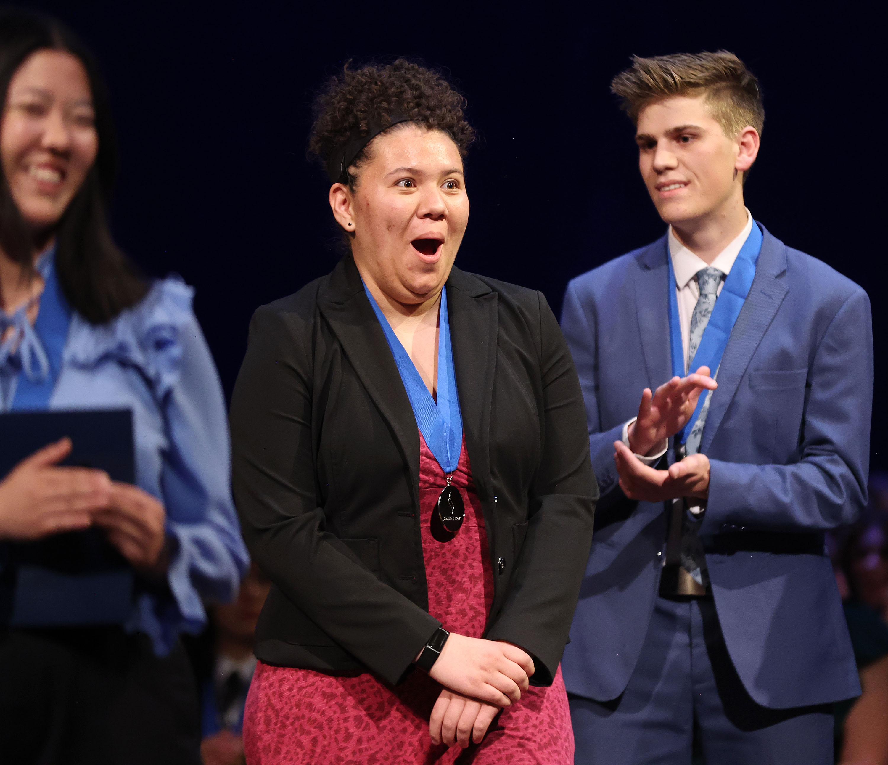 Kaitlyn Rios, Herrriman, wins the Business and Marketing Sterling Scholar award at the Conference Center Little Theater in Salt Lake City on Thursday.