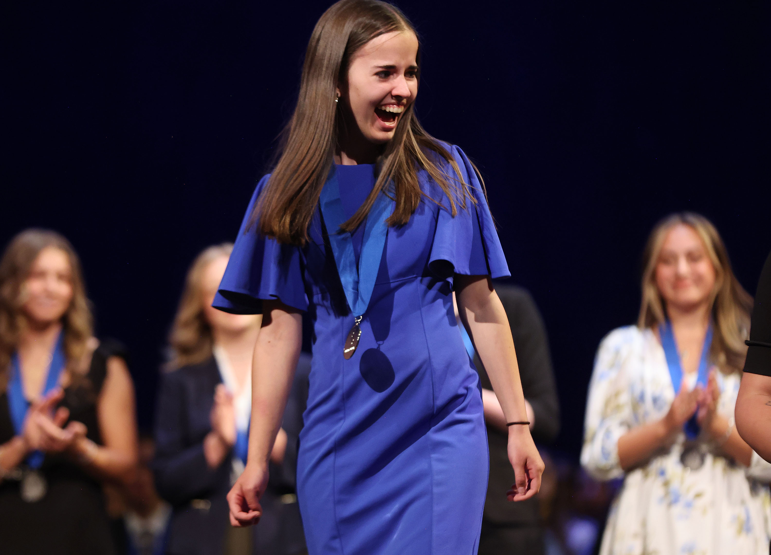 Elisabeth Collings, Timpanogos, wins the World Languages Sterling Scholar award at the Conference Center Little Theater in Salt Lake City on Thursday.