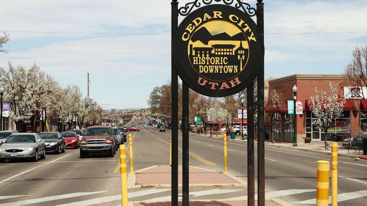 A Cedar City Historic Downtown sign is pictured in Cedar City on April 7, 2021. The city was recently designated as the top small community for starting up a business.