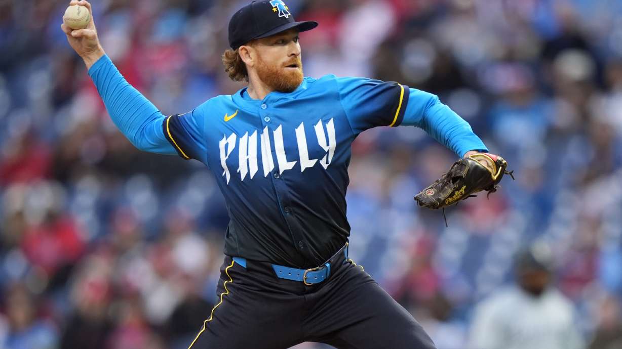 Philadelphia Phillies' Spencer Turnbull pitches during the first inning of a baseball game against the Chicago White Sox, Friday, April 19, 2024, in Philadelphia.