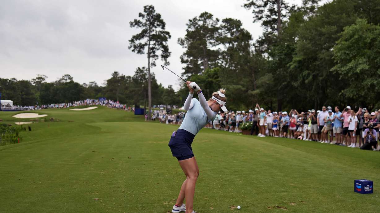 Nelly Korda hits from the 17th tee during the second round of the Chevron Championship LPGA golf tournament Friday, April 19, 2024, at The Club at Carlton Woods, in The Woodlands, Texas.