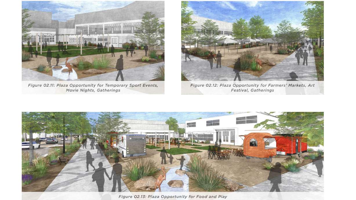 Visual renderings depict a potential downtown area for Saratoga Springs. The city released an updated plan for a downtown area that would be "highly walkable" and become the "heart" of the community.