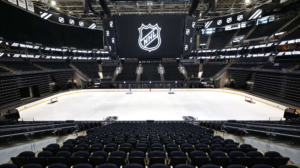 The Delta Center ice prior to Ryan Smith, co-founder and chairman of Smith Entertainment Group, Ashley Smith, co-founder of Smith Entertainment Group, and NHL commissioner Gary Bettman gathering in Salt Lake City to announce that the NHL would be coming to Utah on Friday, April 18, 2024.