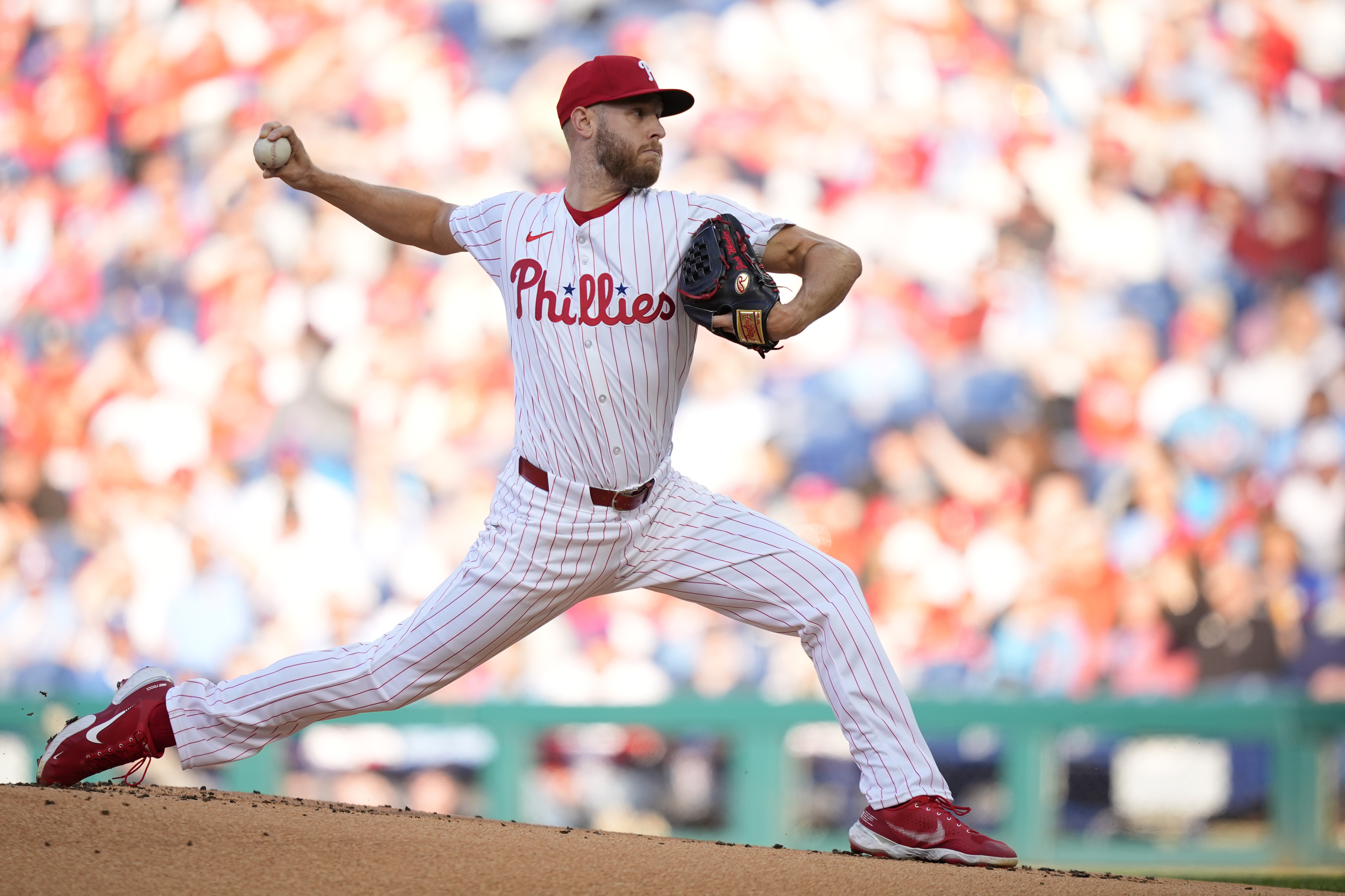 Philadelphia Phillies' Zack Wheeler pitches during the first inning of a baseball game against the Chicago White Sox, Saturday, April 20, 2024, in Philadelphia. 