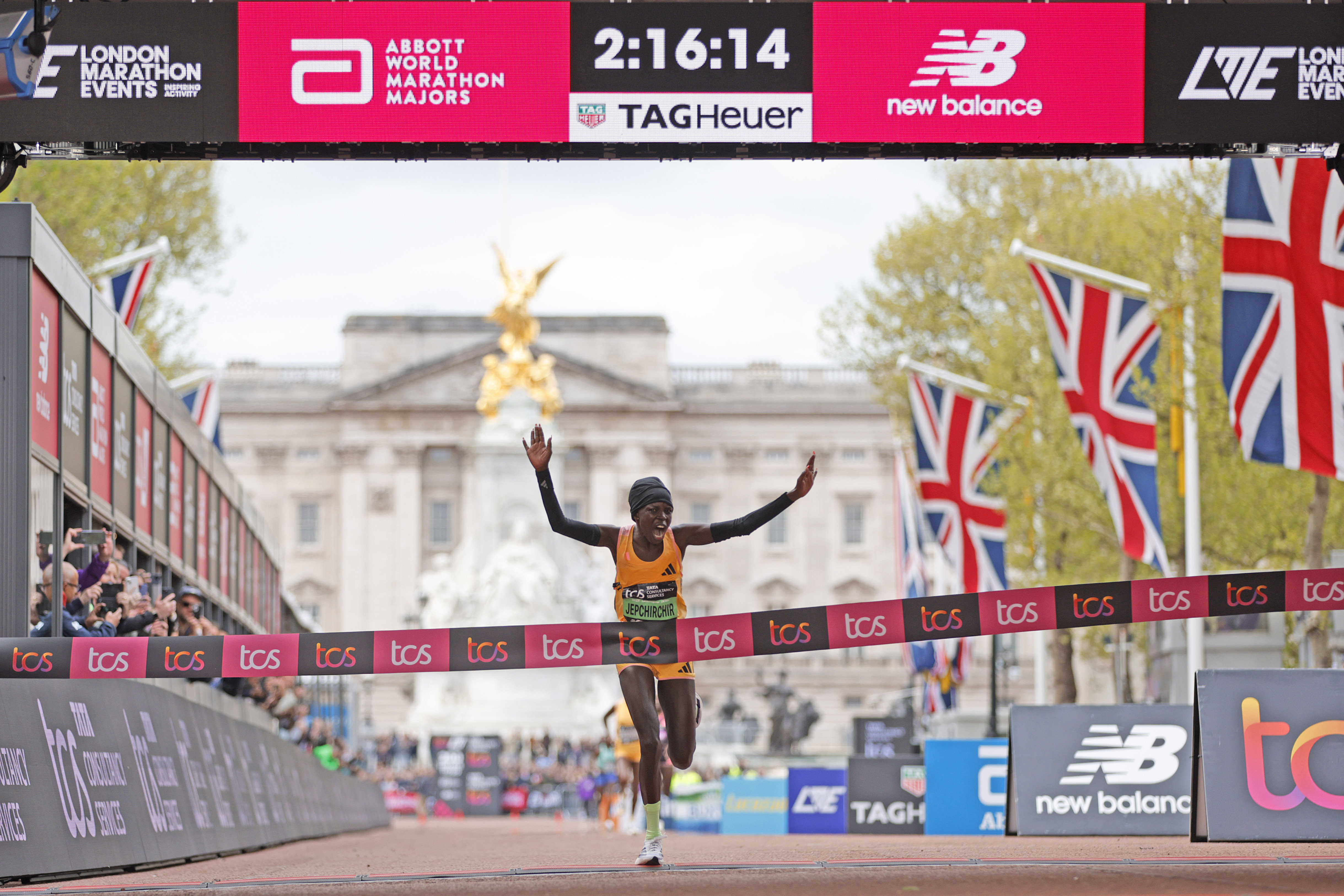 Peres Jepchirchir of Kenya is about to cross the finish line to win the women's race at the London Marathon in London, Sunday, April 21, 2024.