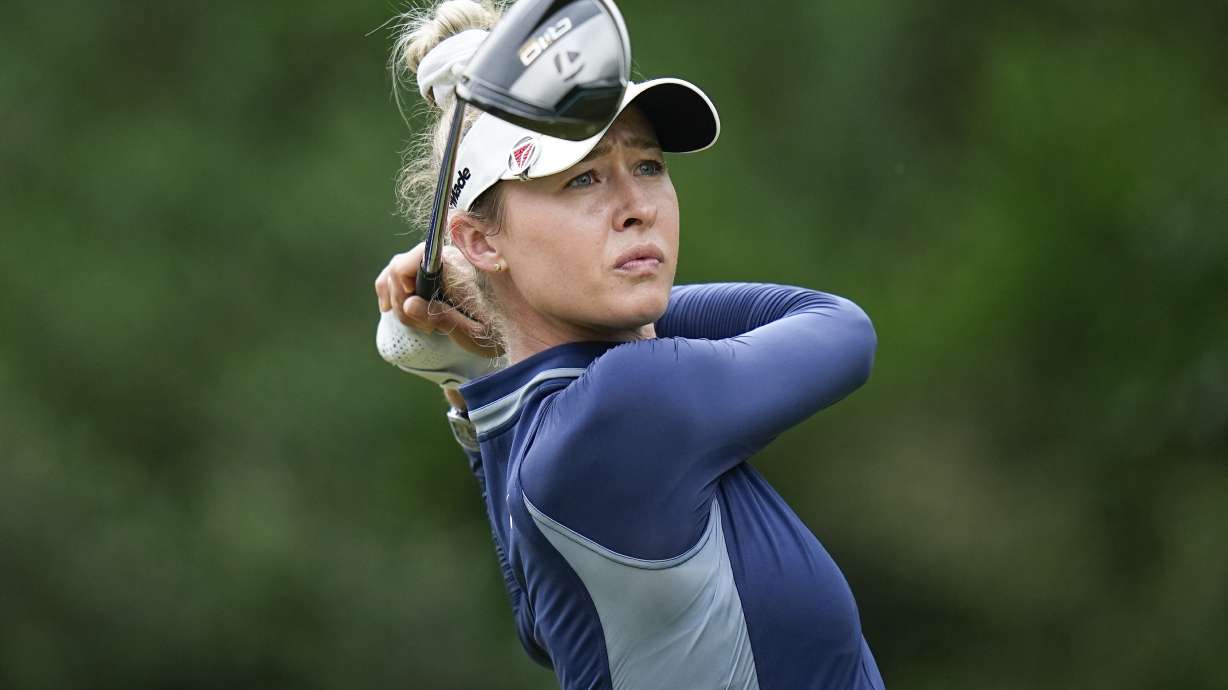 Nelly Korda hits from the 11th tee during the third round of the Chevron Championship LPGA golf tournament Saturday, April 20, 2024, at The Club at Carlton Woods, in The Woodlands, Texas.