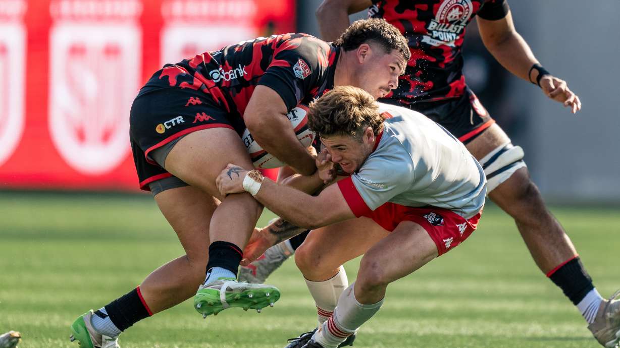 Michael Manson makes a tackle as the Utah Warriors face the San Diego Legion, Sunday, April 21, 2024 at Snapdragon Stadium in San Diego, Calif.