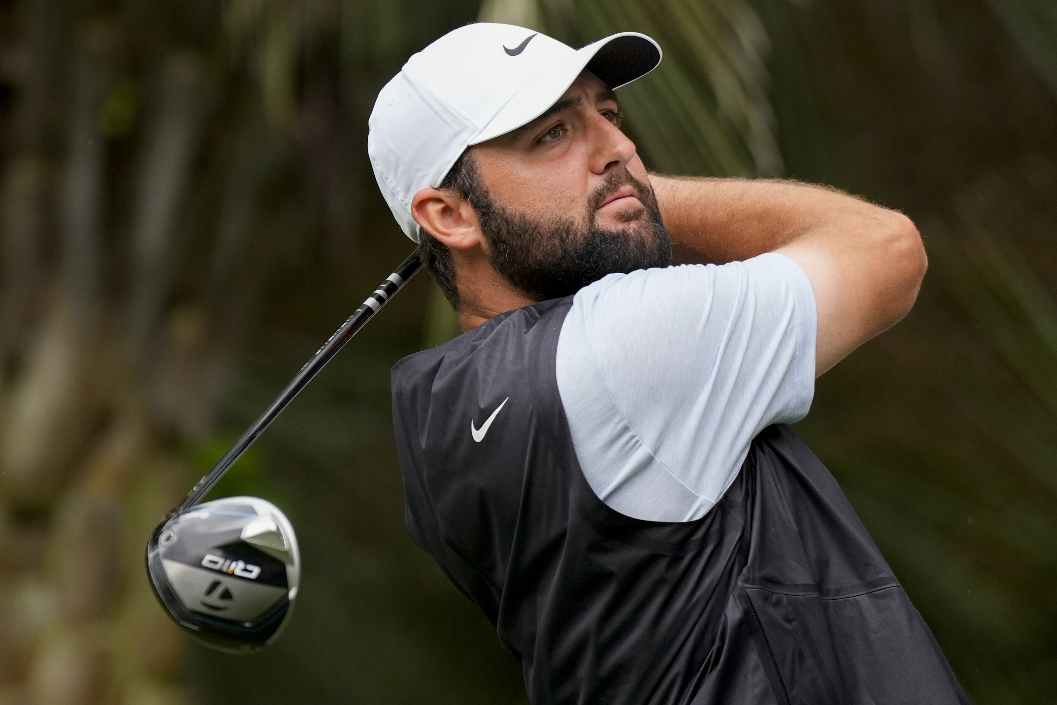 Scottie Scheffler watches his tee shot on the second hole during the final round of the RBC Heritage golf tournament, Sunday, April 21, 2024, in Hilton Head Island, S.C.