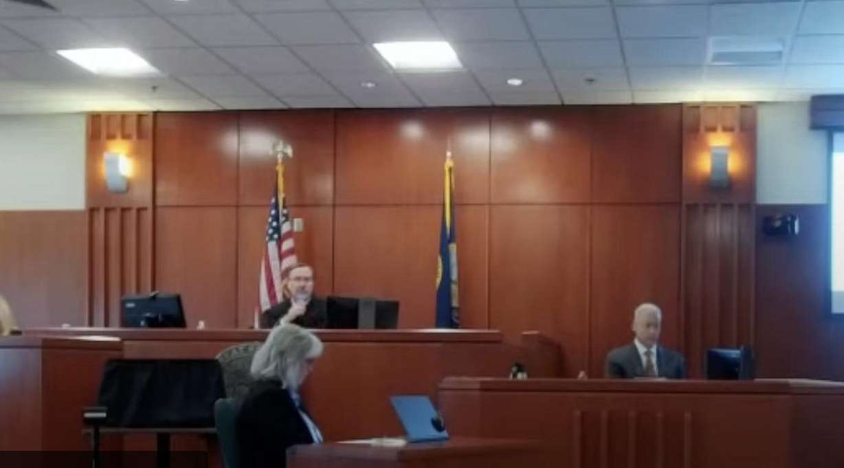 FBI agent Douglas Hart, right, testifies about texts between Chad Daybell and Lori Vallow Daybell, showing how he said they manipulated each other. Hart's testimony was given during Chad Daybell's murder trial at the Ada County Courthouse in Boise on Monday, April 22, 2024.