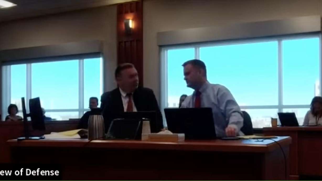 Chad Daybell (right) talks with his attorney, John Prior (left), during Daybell's murder trial in an Ada County courtroom in Boise on Monday. Jurors heard testimony Monday from Lori Daybell's son, from the husband of her best friend, and from an FBI agent who analyzed text messages.