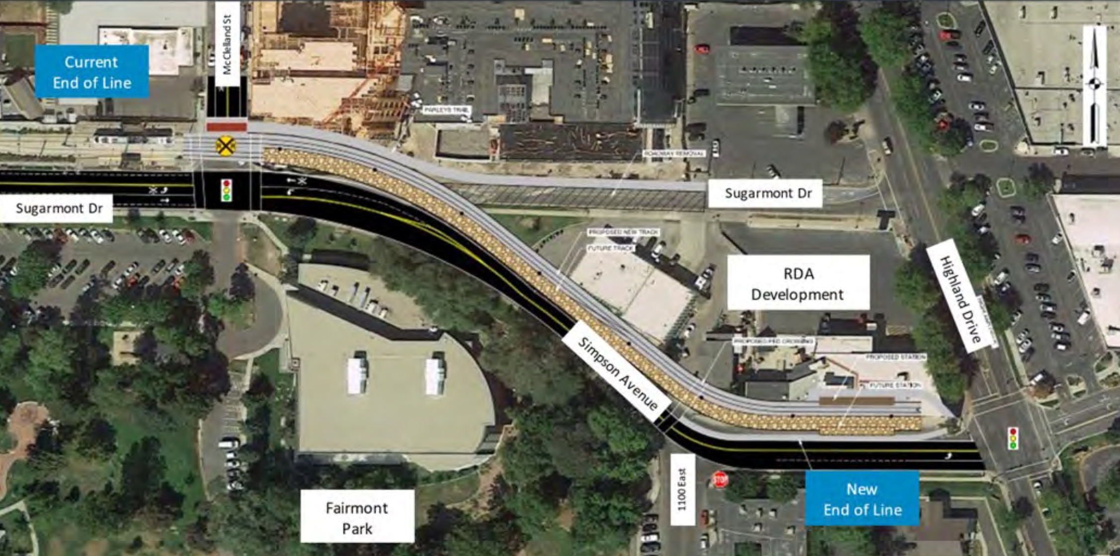 This map shows the planned extension of the S-Line route. The line will stop by the intersection of Simpson Avenue and Highland Drive.