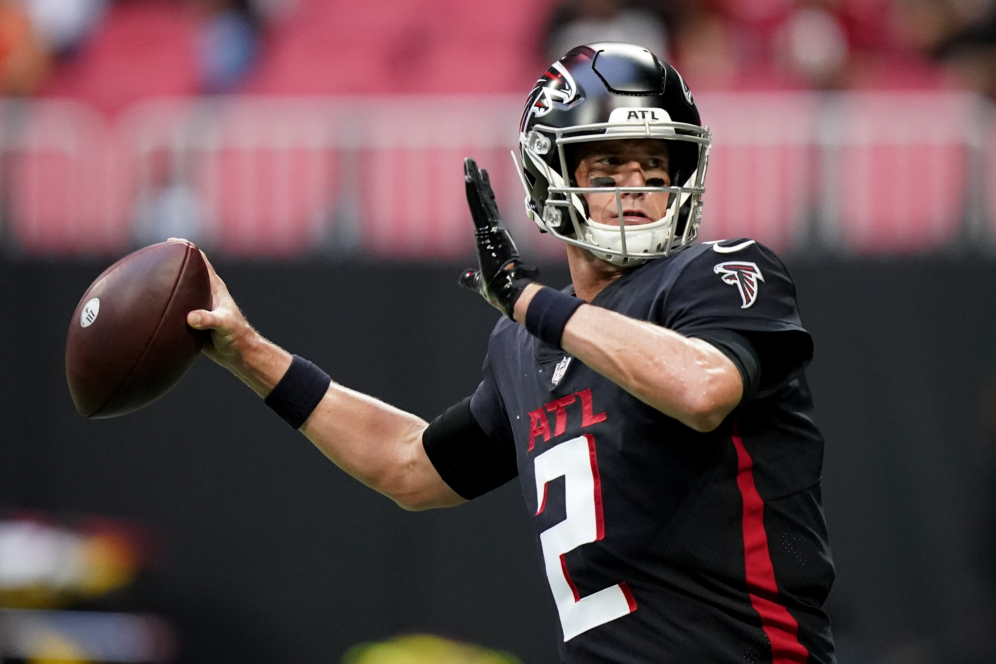 FILE - Atlanta Falcons quarterback Matt Ryan (2) warms up before the first half of a preseason NFL football game between the Atlanta Falcons and the Cleveland Browns, Aug. 29, 2021, in Atlanta. Ryan announces his retirement from the NFL on Monday, April 22, 2024.