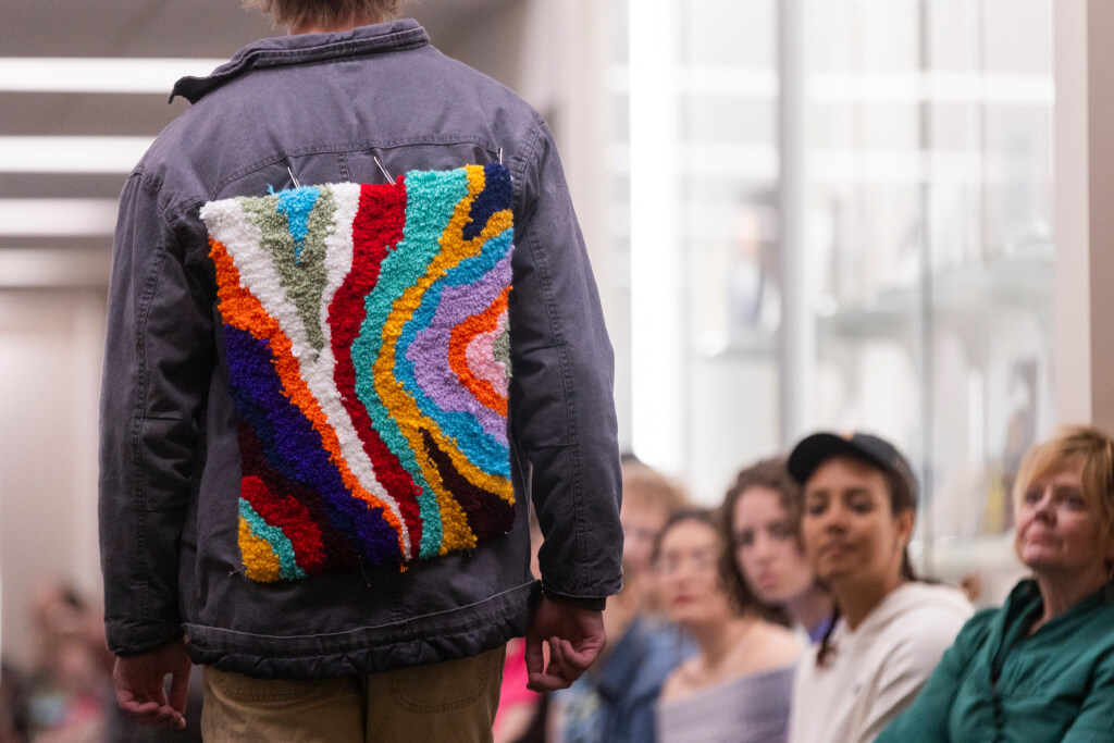 Jonas Jacobs models his recycled, upcycled and repurposed clothing at the first-ever SLCC Trashion Show at SLCC's Fashion Institute in Salt Lake City on Monday.